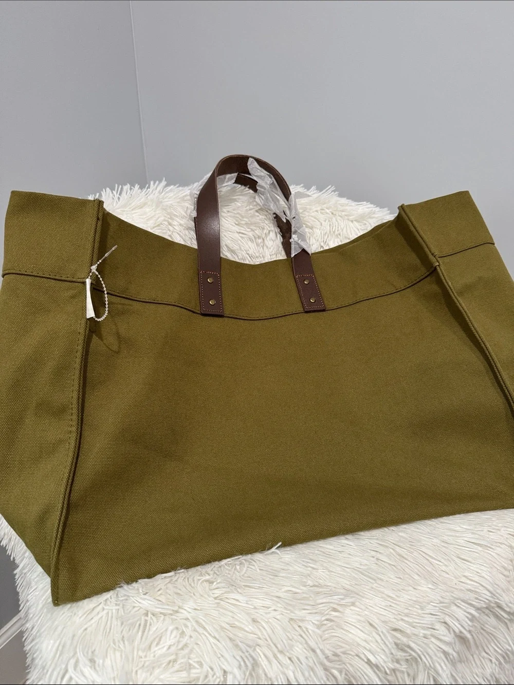 Olive Canvas Tote Bag with Brown Leather Handles